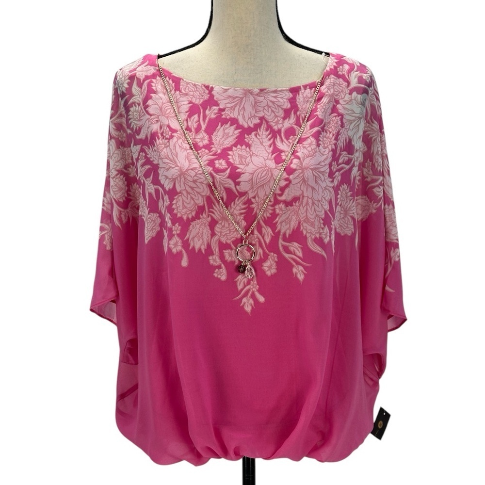 JM Collection Sleeveless Floral Print Cape Style Blouse - Pink White - Medium